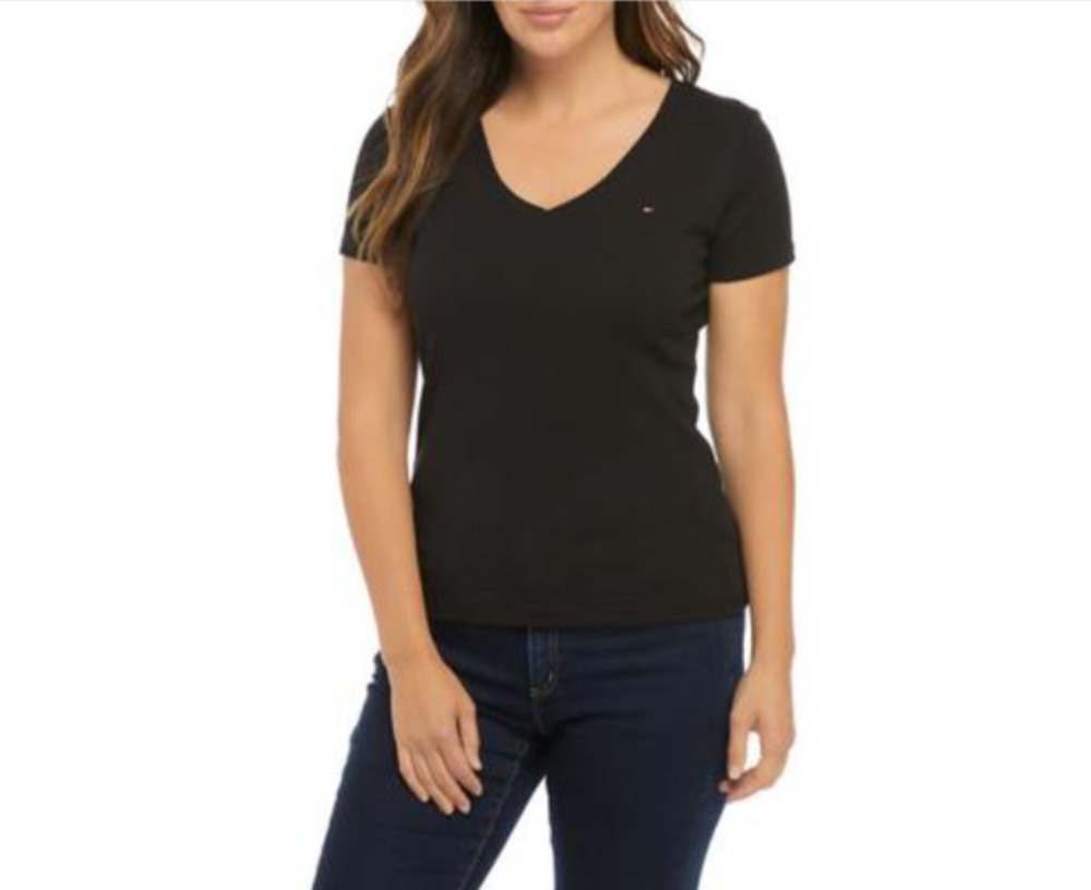 Tommy Hilfiger Women's Stripe Slim V-Neck Short-Sleeve T-Shirt Black Size S 3728